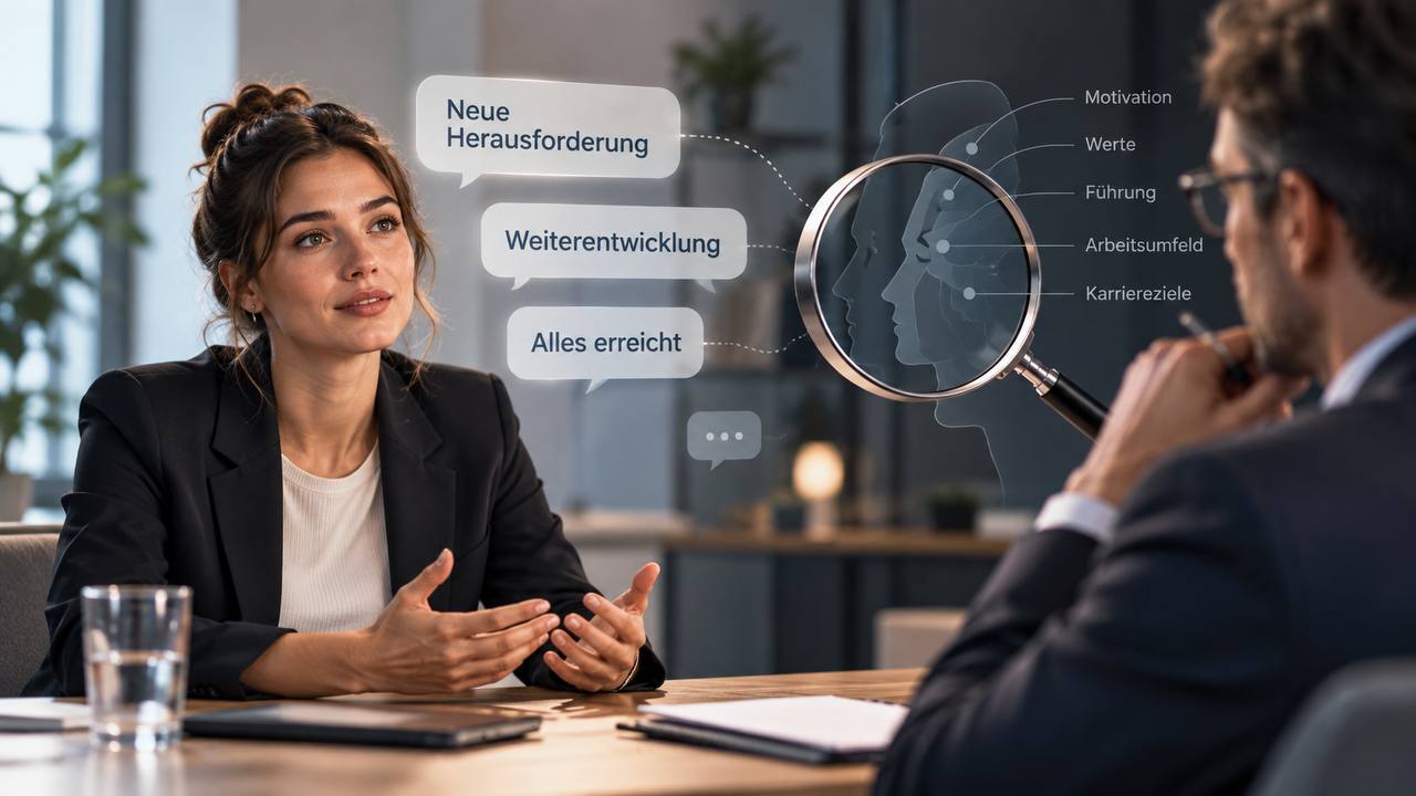Grafik mit typischen Kündigungsgründen von Kandidaten: Motivation, neue Herausforderung, Führung, Weiterentwicklung, Karriereziele, Werte, Arbeitsumfeld, alles erreicht