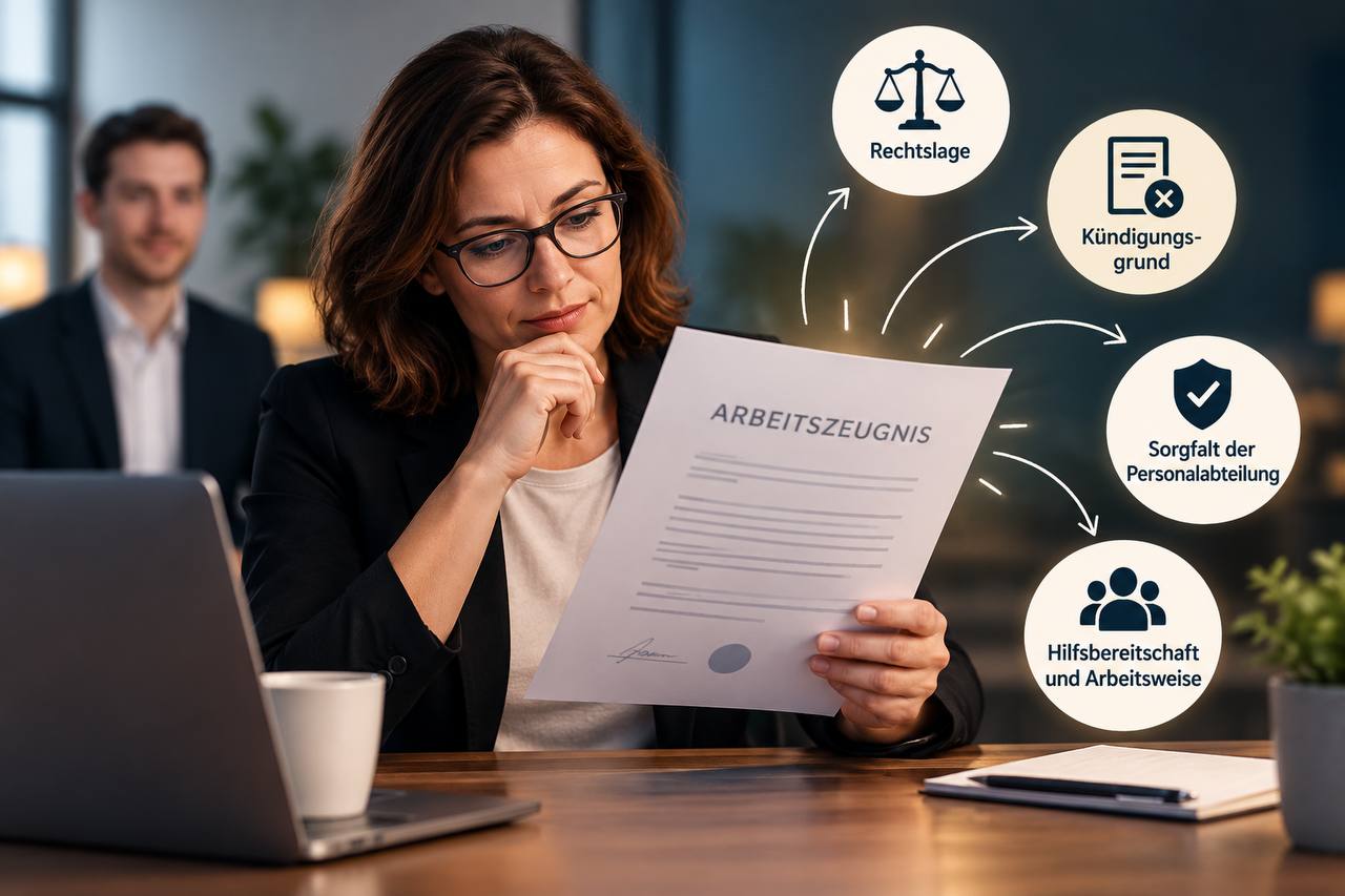 Grafik mit Stichworten zu Arbeitszeugnissen: Rechtslage, Kündigungsgrund, Sorgfalt der Personalabteilung, Hilfsbereitschaft und Arbeitsweise