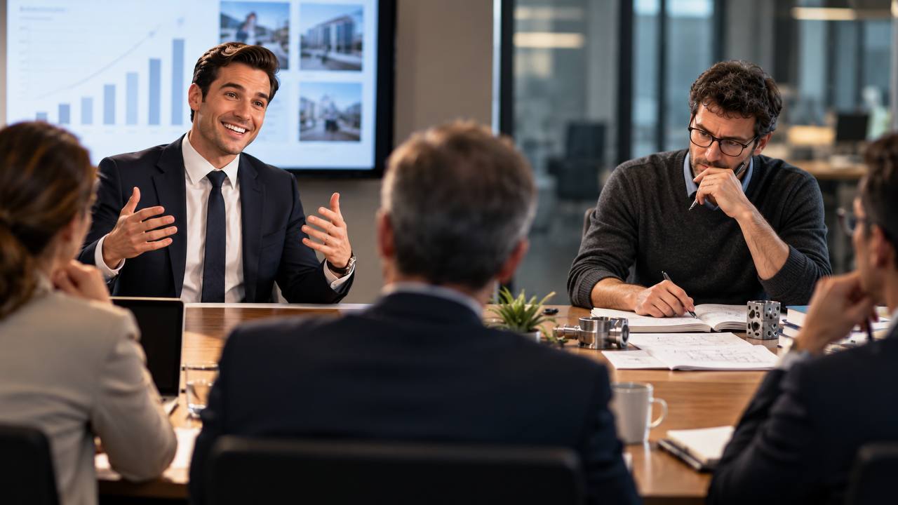 Fotorealistisches Bild: Vorstellungsgespräch am Konferenztisch, Recruiter schreibt sich Notizen, Kandidatin erklärt